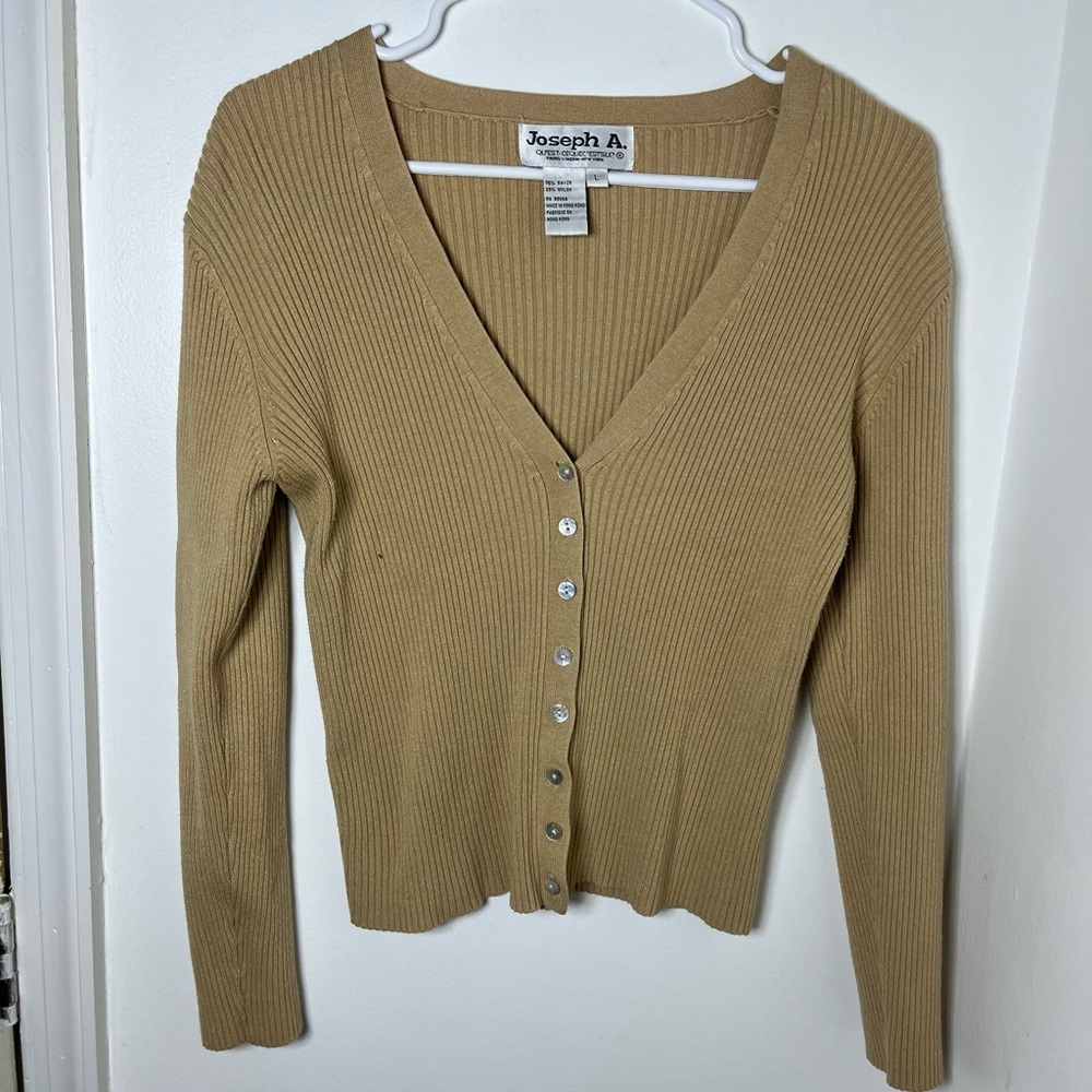 vintage Joseph A Ribbed V Neck Button Cardigan Large Camel Tan